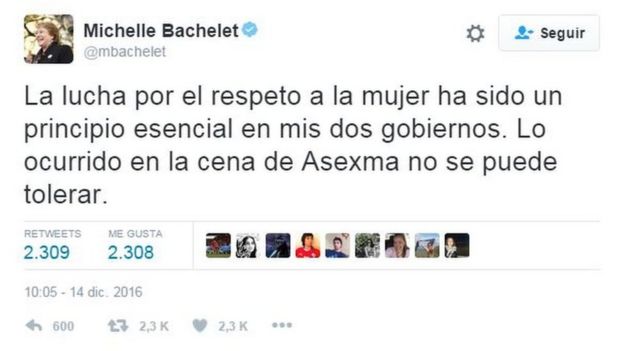 Tuit de Michelle Bachelet con el texto: 