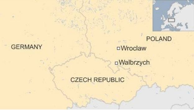 Map of Poland showing Wroclaw and Walbrzych - August 2015