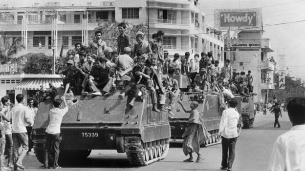 Young Khmer Rouge fighters enter Phnom Penh on the day Cambodia fell under the group's control (17 April 1975)