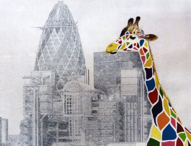 Colourful giraffe towering over the City of London
