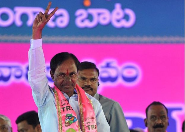 Telangana Rashtra Samithi (TRS) party President and Chief Minister of Telangana state K Chandrashekar Rao (C) greets people at a TRS party meeting