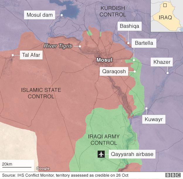 Map showing territory held by Iraqi army, Kurdish forces and IS around Mosul