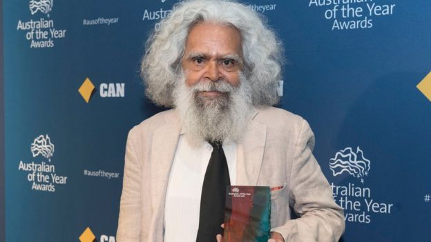 Uncle Jack Charles - a member of the Stolen Generation - holds his award for 2016 Victorian Senior Australian of the Year for his work as an Aboriginal elder, actor and role model