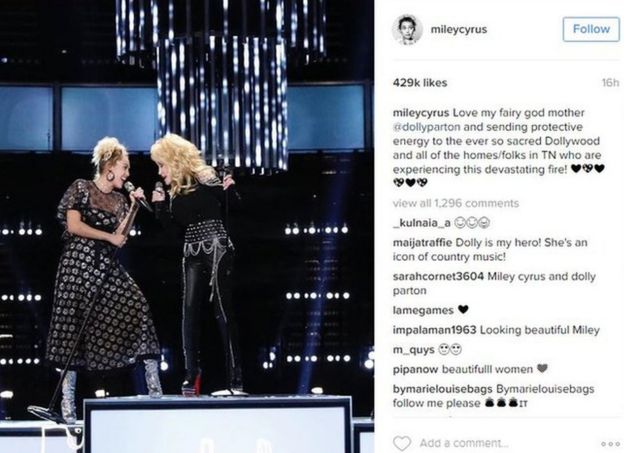 An Instagram post by US singer Miley Cyrus, who grew up in Tennessee, about the wildfires there
