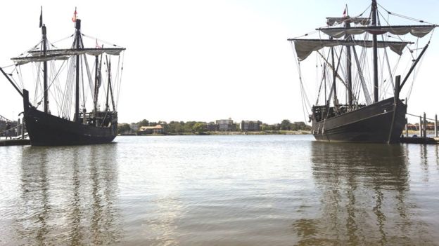 Replicas of Christopher Columbus' famous ships, the Nina, left, and the Pinta, that crossed the Atlantic in 1492