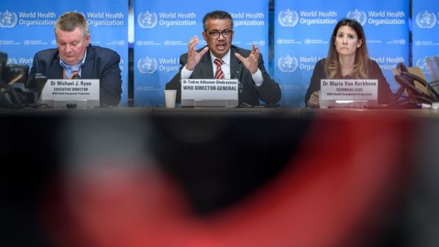 World Health Organization (WHO) Health Emergencies Programme Director Michael Ryan, WHO Director-General Tedros Adhanom Ghebreyesus and WHO Technical Lead Maria Van Kerkhove attend a daily press briefing on COVID-19, the disease caused by the novel coronavirus, at the WHO heardquaters in Geneva on March 11, 2020