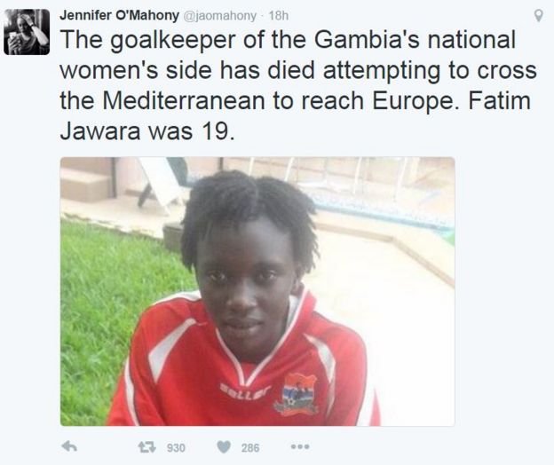 A tweet containing picture of the Gambian goalkeeper who died in the Mediterranean trying to get to Europe.