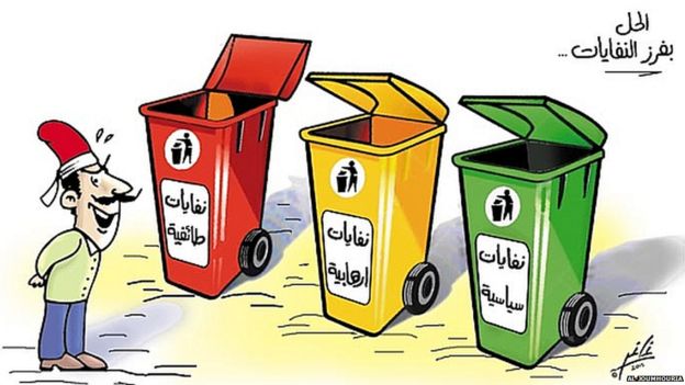 Cartoon from Al-Joumhouria newspaper depicting a man standing in front of three rubbish bins