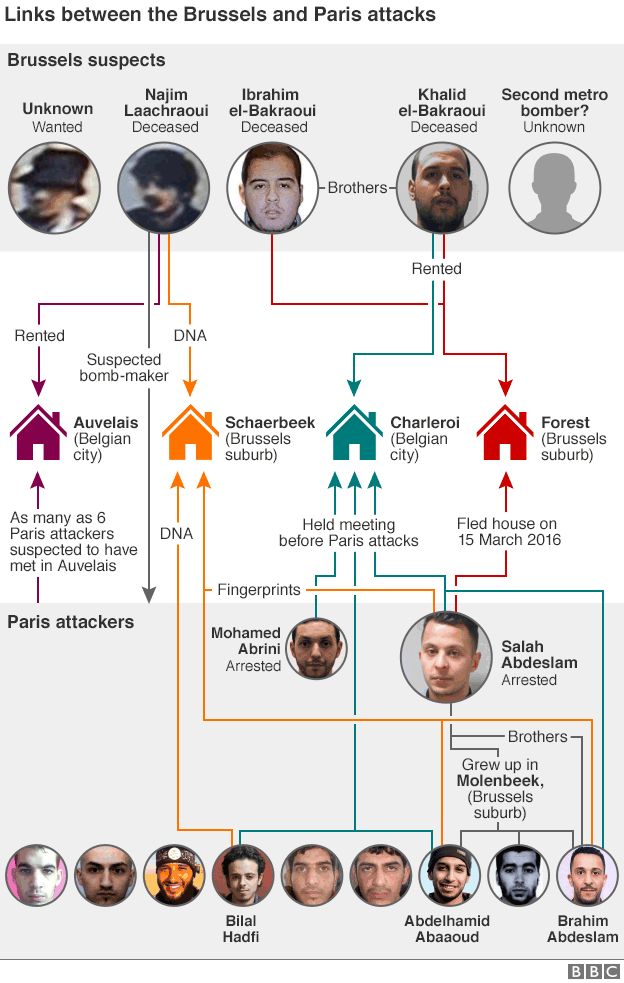 Graphic showing the connections between the Brussels suspects and the Paris attackers
