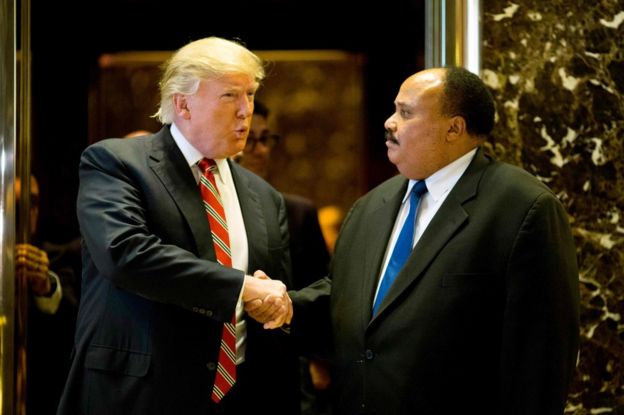 US President-elect Donald Trump shakes hands with Martin Luther King III after meeting at Trump Tower in New York City, 16 January