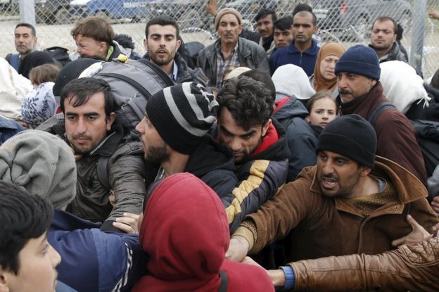 Migrants camping near the Idomeni border crossing in northern Greece, 5 March