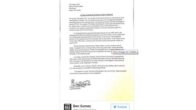 Barua ya wakili wa Yaya Jammeh baada ya kutorokea Senegal