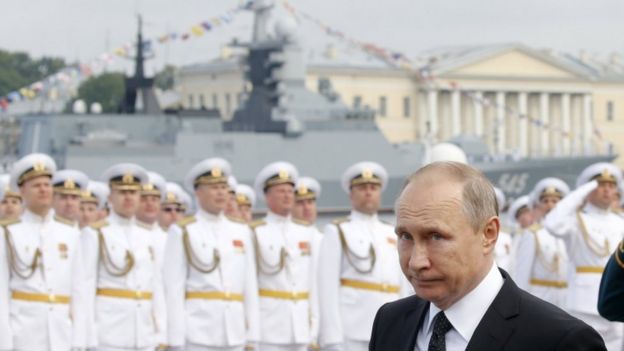 Vladimir Putin was in St Petersburg for a Navy Day show of force