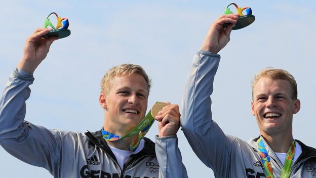 Gold medallist Max Rendschmidt and Marcus Gross of Germany