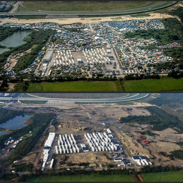 صورتان جويتان قبل وبعد تدمير مخيم الغابة في كاليه