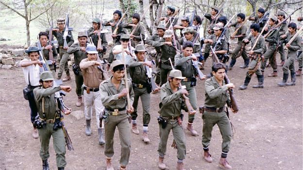 Picture taken in the 1980s of Farc fighters during training at a camp somewhere in the Colombian mountainous region