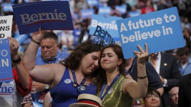 Emotional supporters of former Democratic U.S. presidential candidate Senator Bernie Sanders listen as he speaks at the Democratic National Convention.