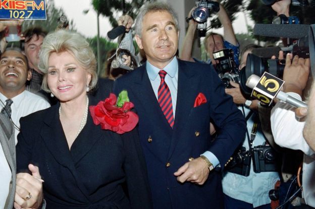 This file photo taken on September 11, 1989 shows US actress Zsa Zsa Gabor and her husband Frederick von Anhalt.