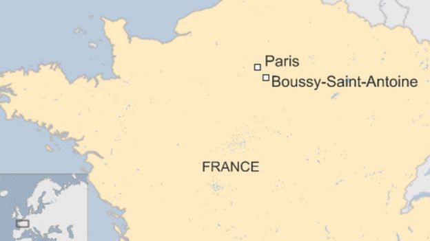 Map of France showing location of Paris and Boussy-Saint-Antoine