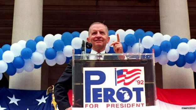 Businessman Ross Perot campaigns for president in 1992.