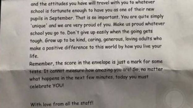The letter communicated to pupils that the kind of person they are is more important than the results they receive