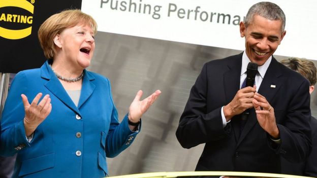 Chancellor Angela Merkel with President Barack Obama in Hanover in April 2016