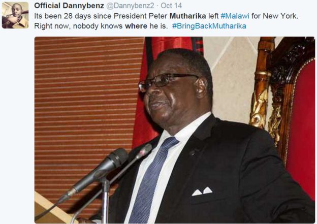 Picture of Malawi president Peter Mutharika, with tweet that reads: Its been 28 days since President Peter Mutharika left #Malawi for New York. Right now, nobody knows where he is. #BringBackMutharika