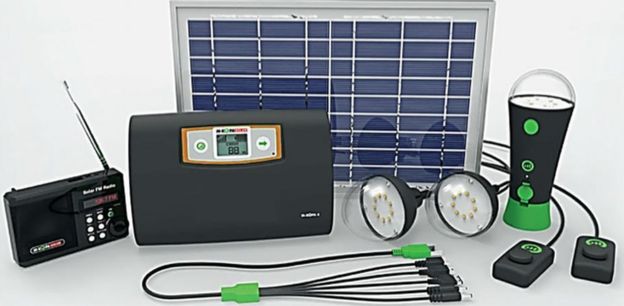 Solar kit including radio, torch, lamps and mobile phone charger