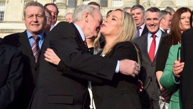 Michelle O'Neill, the new Sinn Féin leader in the north is embraced by Martin McGuinness