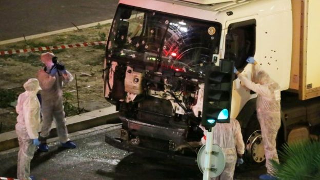 Authorities investigate the lorry in Nice, France