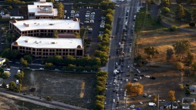 The Inland Regional Center complex is pictured in an aerial photo following a shooting incident in San Bernardino, California December 2, 2015.