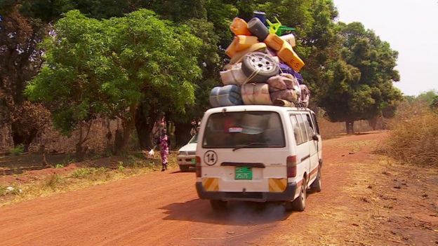 A van leaving Yei in South Sudan