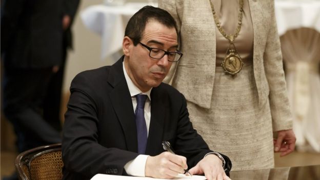 United States Finance Minister Steven Mnuchin during the Signing the Baden Baden Visitors Book at the G20 Finance Ministers meeting