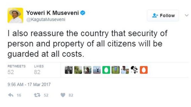 Tweet: I also reassure the country that security of person and property of all citizens will be guarded at all costs.