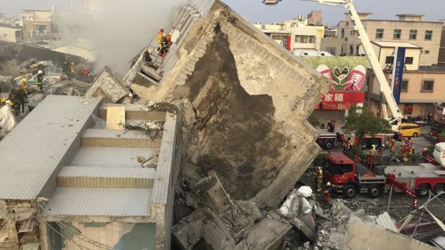 Collapsed building in Tainan, Taiwan, on 6 February 2016