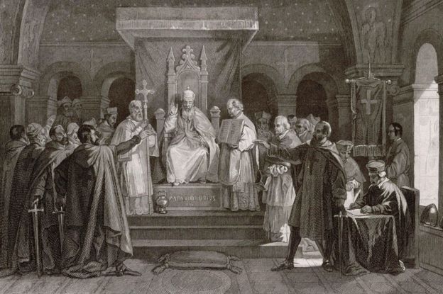 An etching commemorating Pope Honorius II's granting official recognition to the Knights Templar in 1128
