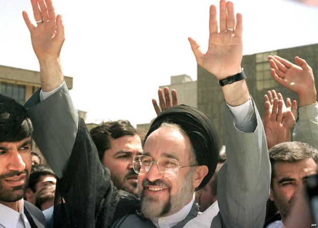 Mohammad Khatami waves to supporters in Tehran (23 May 1997)