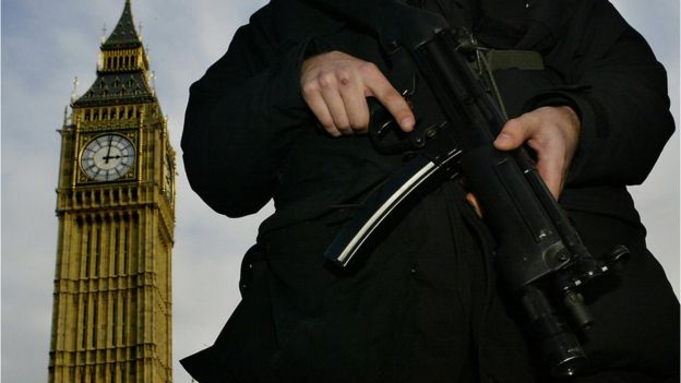 Armed officer outside Parliament