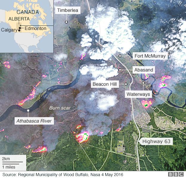 Map of path of Alberta wildfire