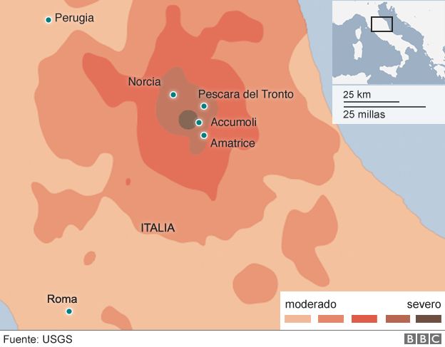 Mapa de Italia con las zonas daÃ±adas por el terremoto.