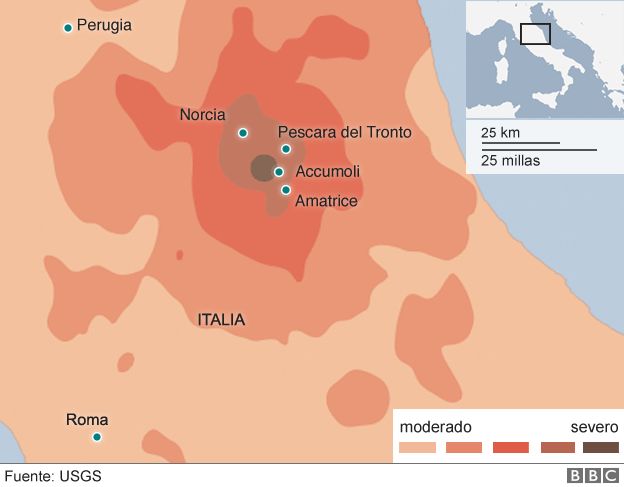 Mapa de Italia con las zonas dañadas por el terremoto.