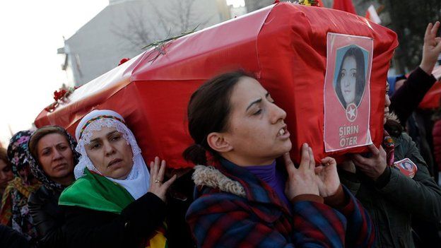 Women carry the coffin of Sirin Oter, one of two women killed during security operations by Turkish security forces, in Istanbul (23 December 2015)