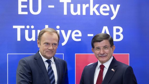 European Council President Donald Tusk, left, shakes hands with Turkish Prime Minister Ahmet Davutoglu during a meeting on the sidelines of an EU-Turkey summit at the EU Council building in Brussels on Sunday, 29 November 2015