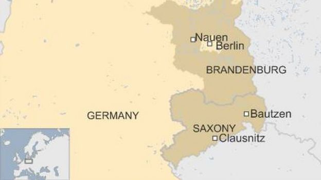 Map showing Bautzen, Clausnitz and Nauen in eastern Germany