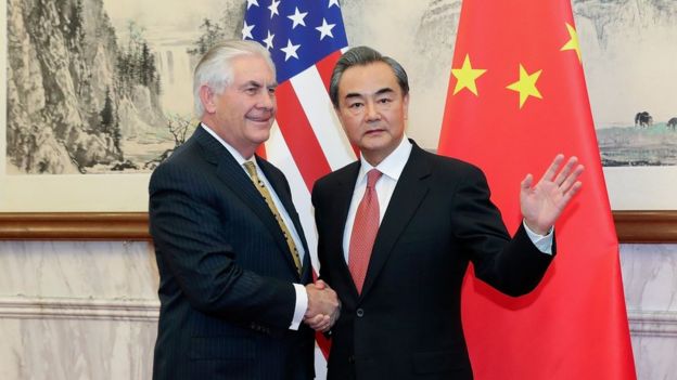 China's Foreign Minister Wang Yi (R) and US Secretary of State Rex Tillerson at the Diaoyutai State Guesthouse in Beijing, on 18 March 2017