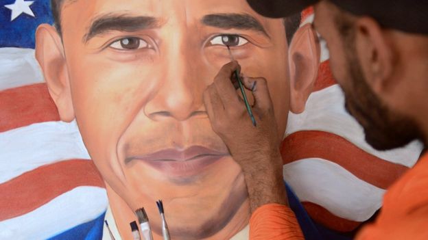 A painting being painted of re-elected US President Barack Obama 7, 2012.