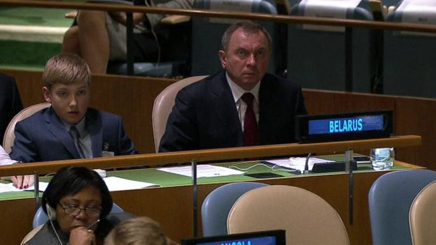 Belarus president's 11-year-old son Kolya watches his father during the UN General Assembly