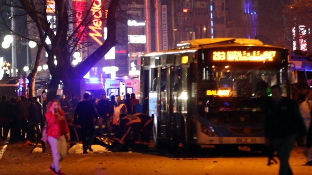 Police work the scene scene after a suicide car bomb ripped through a busy square in central Ankara (13 March)