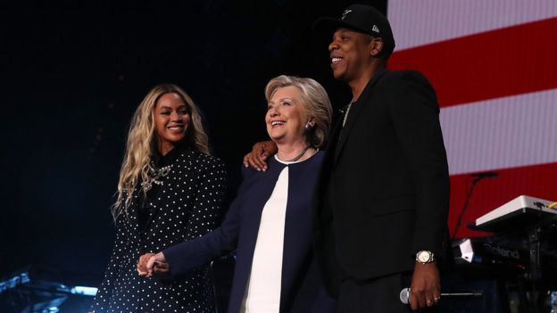 Singer Beyonce and rapper Jay Z with Hillary Clinton at a Democratic election rally in Cleveland, Ohio (4 November)