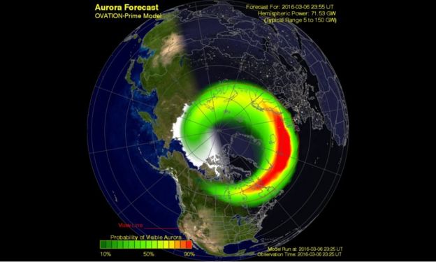 The US government's National Oceanic and Atmospheric Administration, which tracks space weather, predicted strong chances of visible aurora over the UK